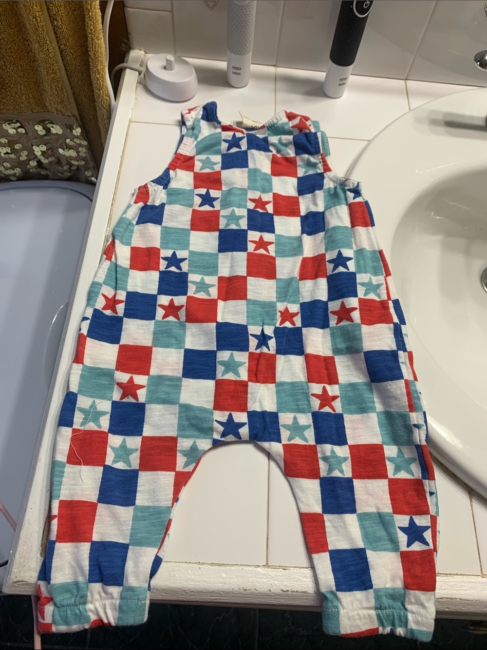Kids Sleeveless Star Patchwork One-Piece Romper - Red, Blue, Teall - Picture 2 of 3